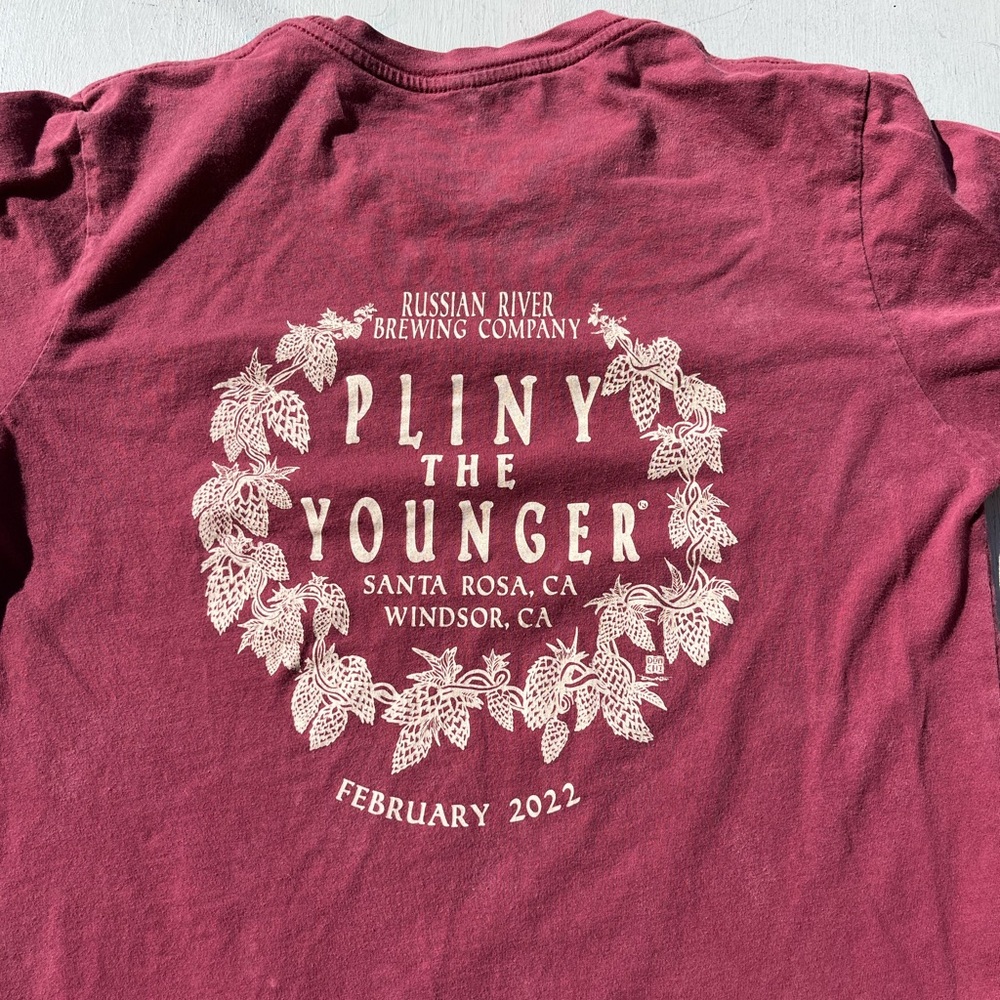 Men's Pliny the Younger T-Shirt Maroon Spell-Out M Craft Beer IPA USA Farm Fresh
